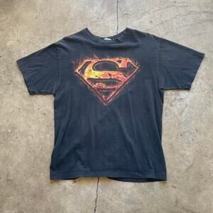 Y2K 2000s Black Flames Superman Tee